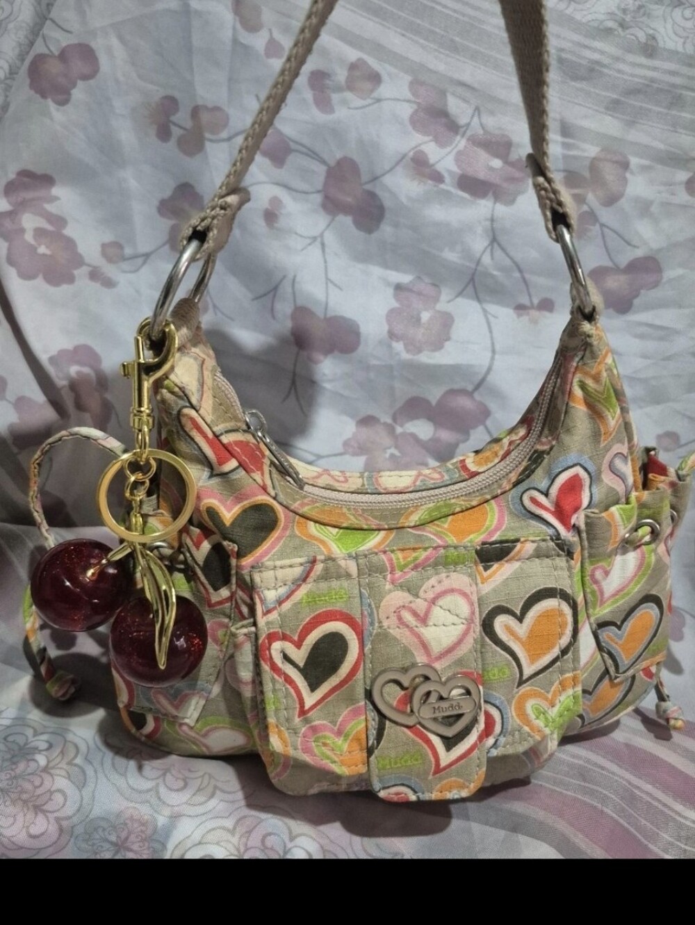 Y2K Mudd Heart-Print Mini Shoulder Bag in Multicolor Hearts on Tan